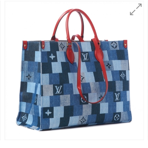 ❗️SOLD❗️2×🎉HP🎉Louis Vuitton Denim Damier Monogram Blue Rouge Onthego GM - Picture 4 of 16